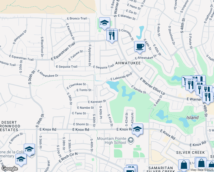 map of restaurants, bars, coffee shops, grocery stores, and more near 4102 East Lakeside Boulevard in Phoenix