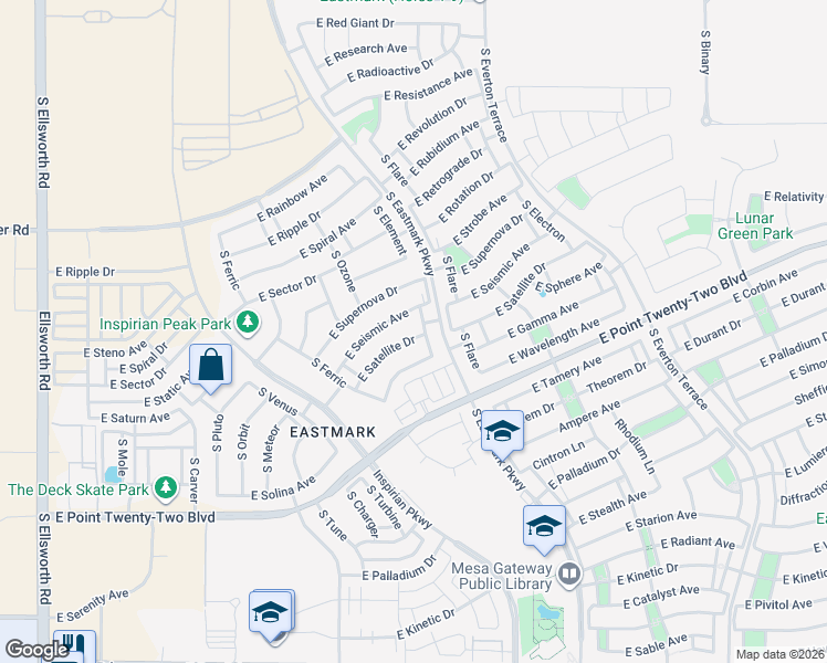 map of restaurants, bars, coffee shops, grocery stores, and more near 9822 East Seismic Avenue in Mesa