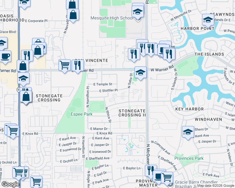map of restaurants, bars, coffee shops, grocery stores, and more near 1951 North Jackson Street in Chandler