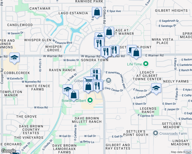 map of restaurants, bars, coffee shops, grocery stores, and more near 920 South Gilbert Road in Gilbert