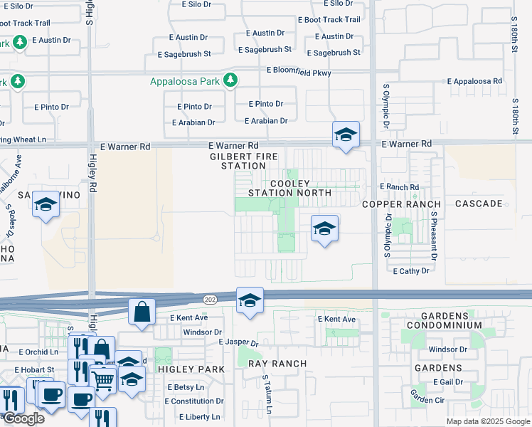 map of restaurants, bars, coffee shops, grocery stores, and more near 3683 East Leslie Drive in Gilbert
