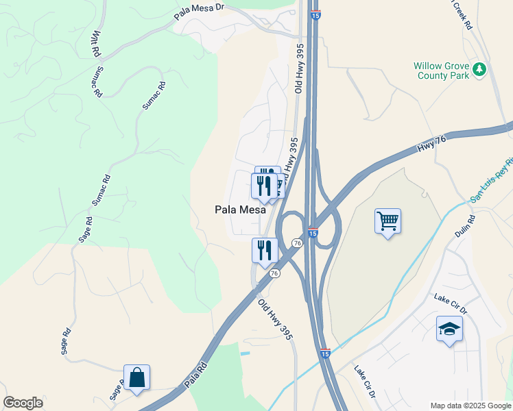 map of restaurants, bars, coffee shops, grocery stores, and more near 3235 Old Highway 395 in Fallbrook