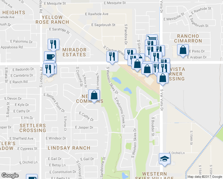 map of restaurants, bars, coffee shops, grocery stores, and more near 968 South Western Skies Drive in Gilbert