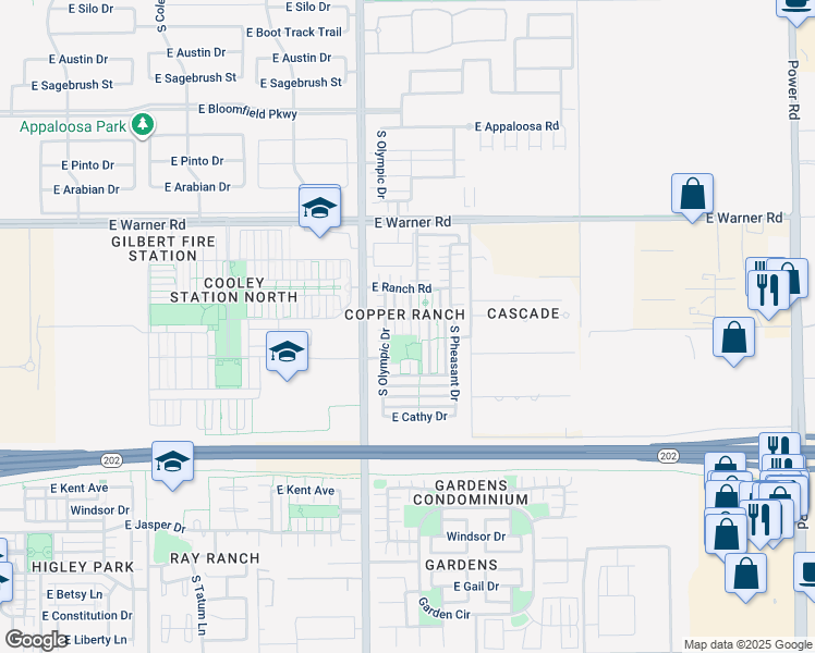 map of restaurants, bars, coffee shops, grocery stores, and more near 969 South Hawk Lane in Gilbert