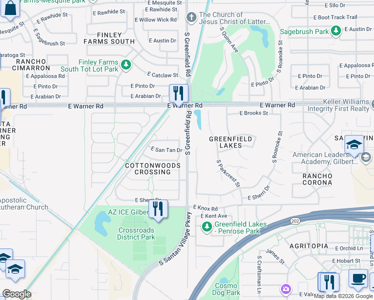 map of restaurants, bars, coffee shops, grocery stores, and more near 2882 East San Tan Drive in Gilbert