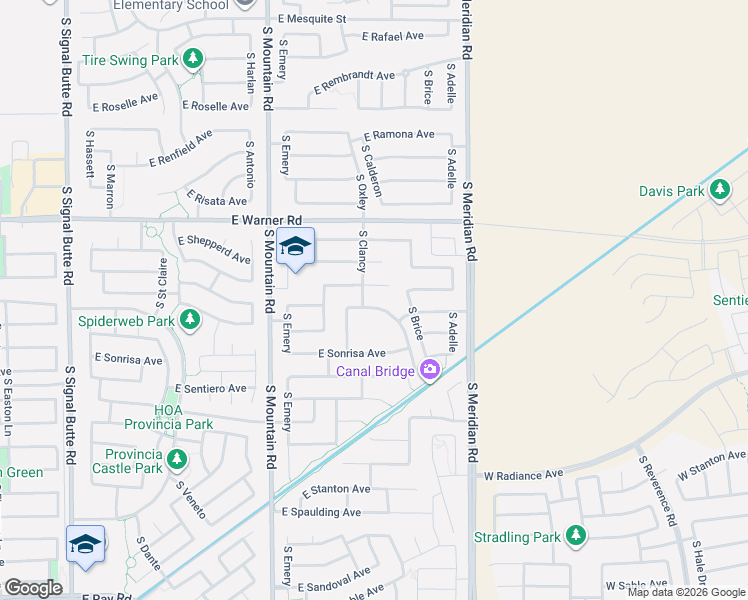 map of restaurants, bars, coffee shops, grocery stores, and more near 11403 East Sebring Circle in Mesa
