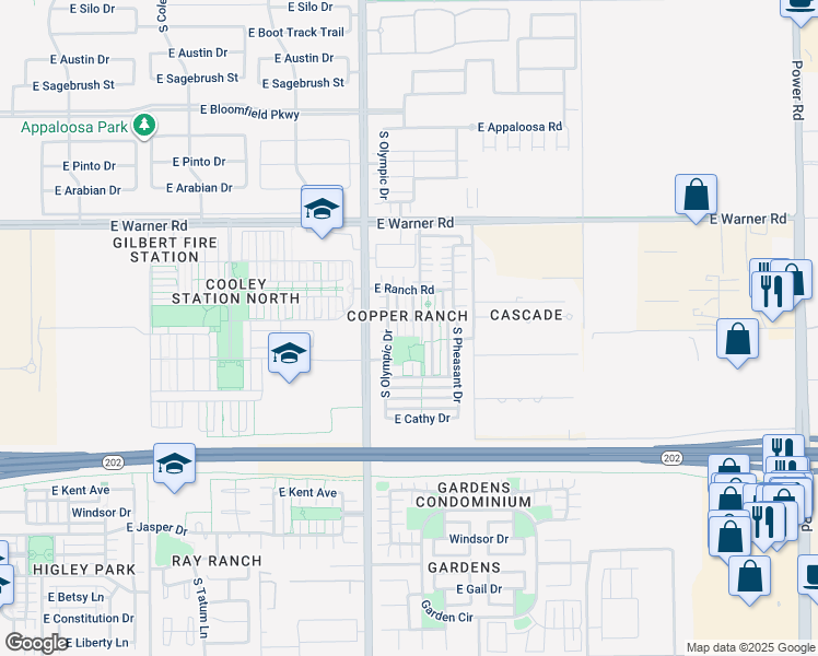 map of restaurants, bars, coffee shops, grocery stores, and more near 969 South Hawk Lane in Gilbert