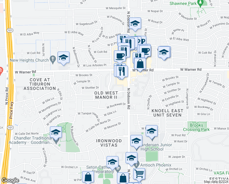 map of restaurants, bars, coffee shops, grocery stores, and more near 95 North Lemon Tree Lane in Chandler
