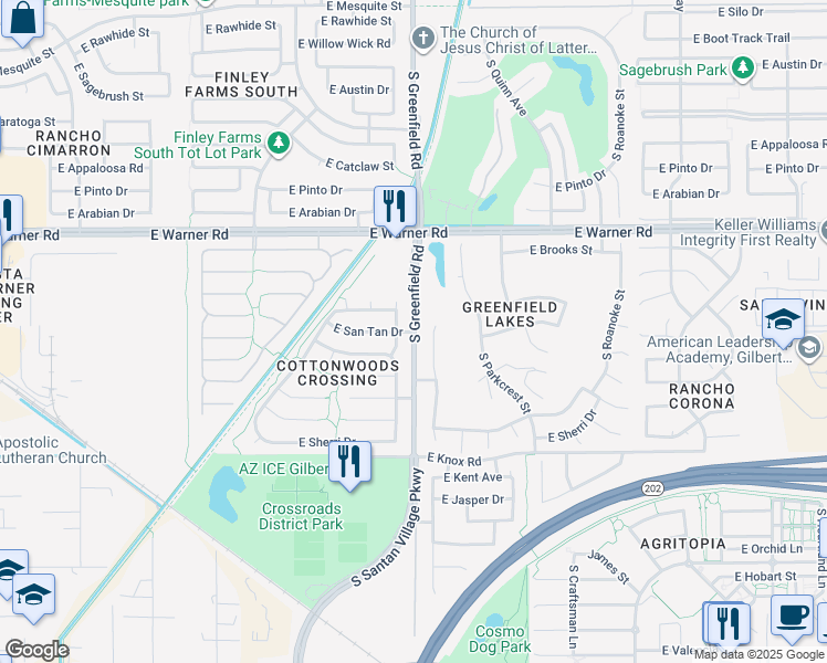map of restaurants, bars, coffee shops, grocery stores, and more near 2882 East San Tan Drive in Gilbert
