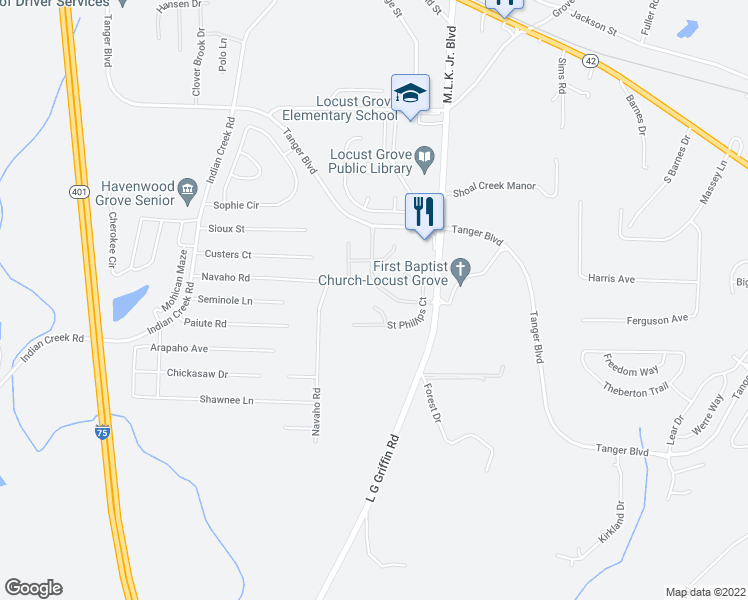 map of restaurants, bars, coffee shops, grocery stores, and more near 1260 Saint Francis Court in Locust Grove