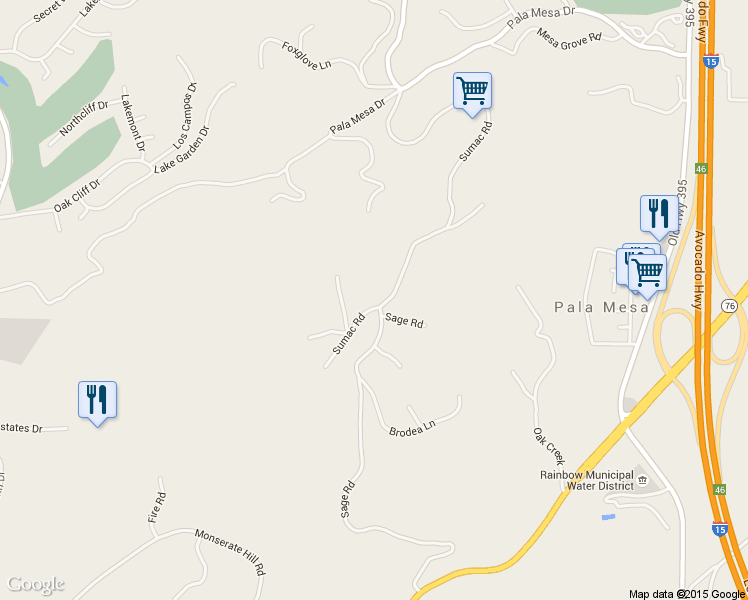 map of restaurants, bars, coffee shops, grocery stores, and more near 3173 Sumac Road in Fallbrook