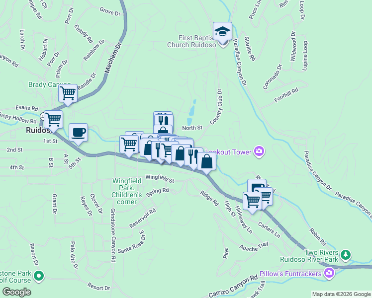 map of restaurants, bars, coffee shops, grocery stores, and more near 107 Hiding Place in Ruidoso