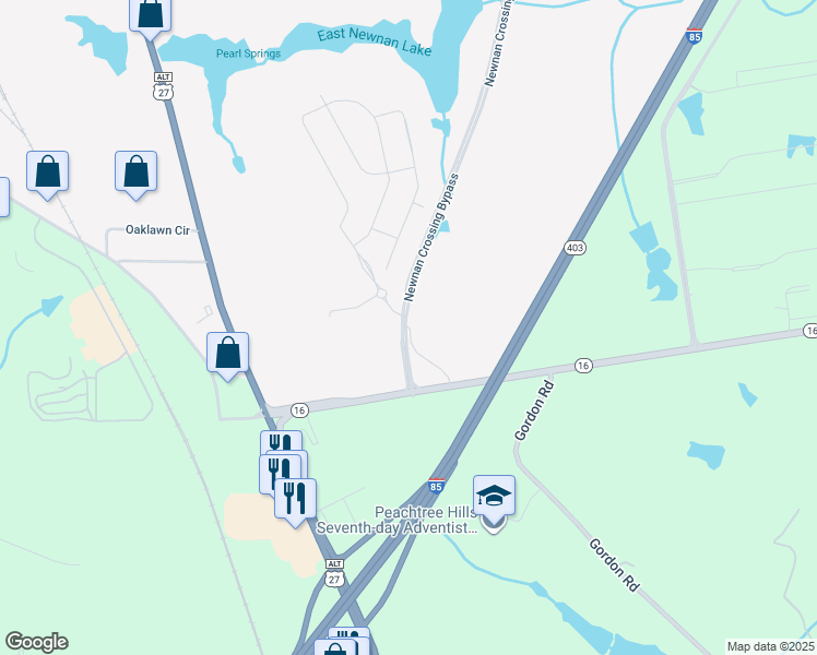 map of restaurants, bars, coffee shops, grocery stores, and more near 1032 East Gordon Road in Newnan