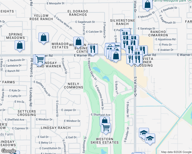 map of restaurants, bars, coffee shops, grocery stores, and more near 961 South Western Skies Drive in Gilbert