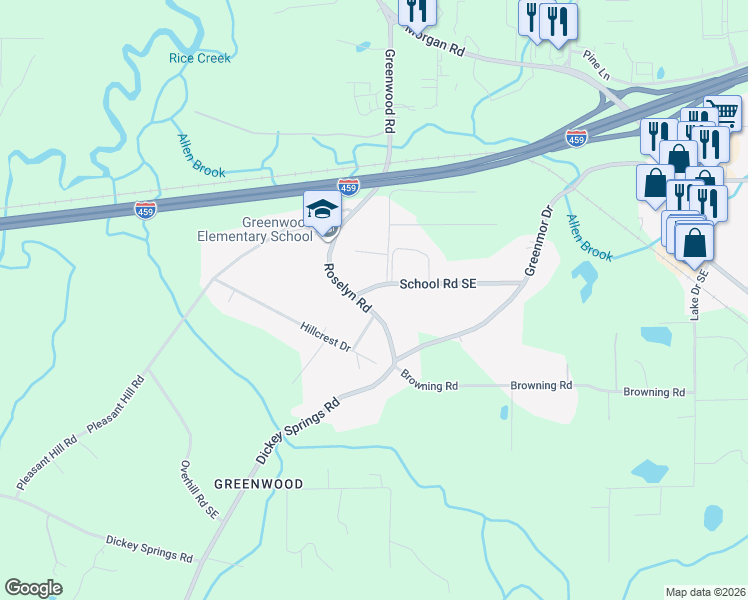 map of restaurants, bars, coffee shops, grocery stores, and more near 1120 School Road Southeast in Bessemer