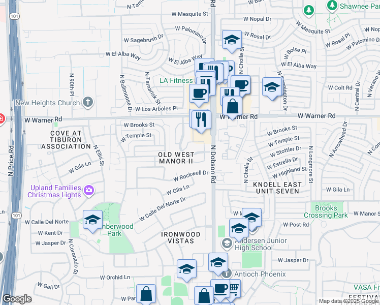 map of restaurants, bars, coffee shops, grocery stores, and more near 95 North Lemon Tree Lane in Chandler