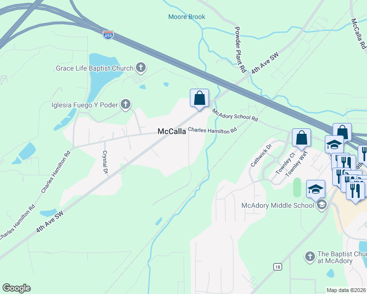 map of restaurants, bars, coffee shops, grocery stores, and more near in McCalla