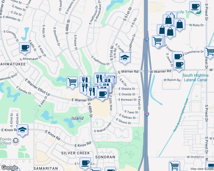 map of restaurants, bars, coffee shops, grocery stores, and more near Warner Road in Phoenix