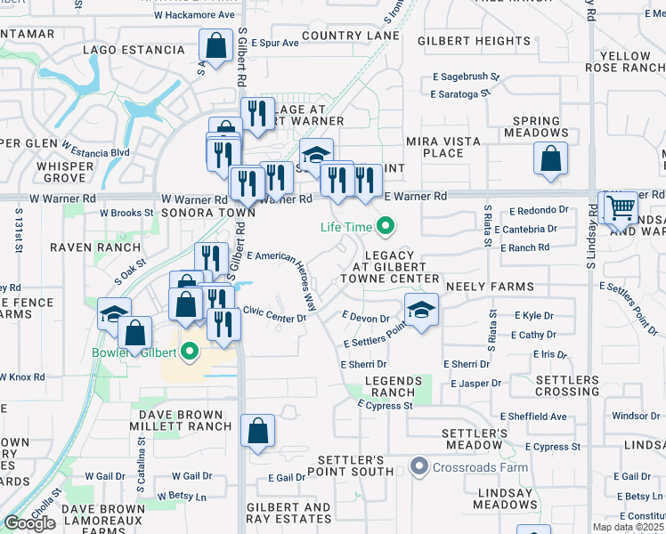 map of restaurants, bars, coffee shops, grocery stores, and more near 230 East Civic Center Drive in Gilbert