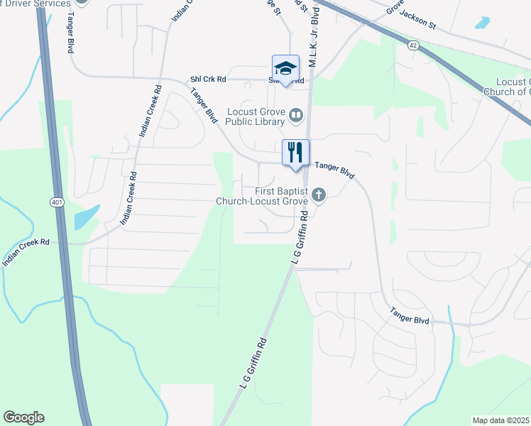map of restaurants, bars, coffee shops, grocery stores, and more near 1023 Saint Augustine Parkway in Locust Grove