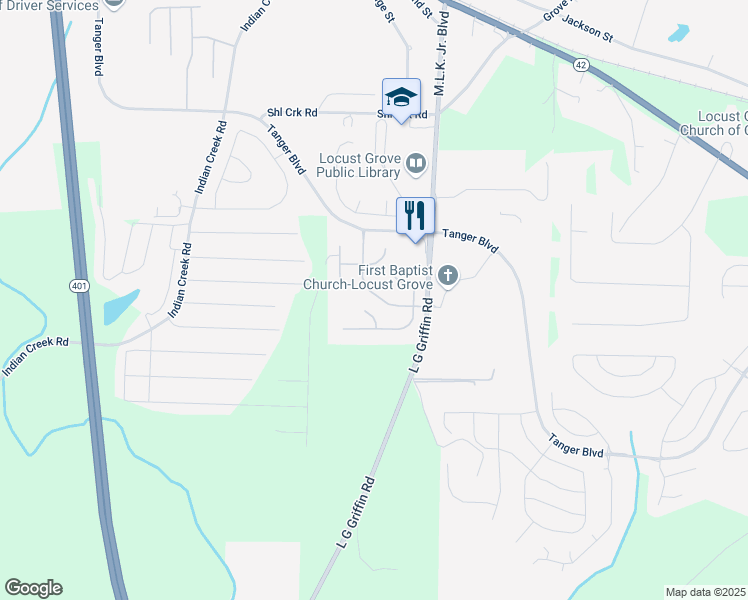 map of restaurants, bars, coffee shops, grocery stores, and more near 1023 Saint Augustine Parkway in Locust Grove