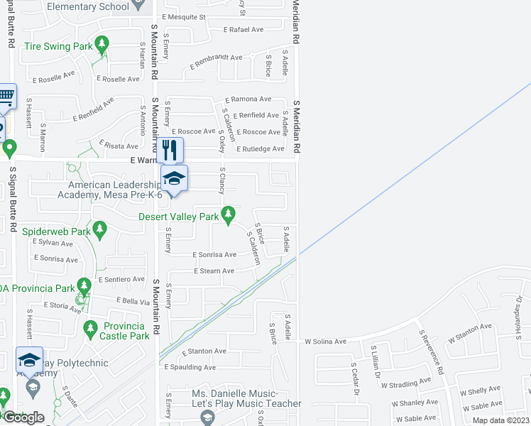 map of restaurants, bars, coffee shops, grocery stores, and more near 11505 East Sebring Avenue in Mesa