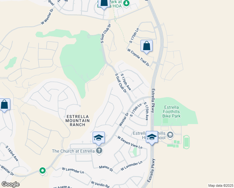 map of restaurants, bars, coffee shops, grocery stores, and more near 17684 West Willow Drive in Goodyear