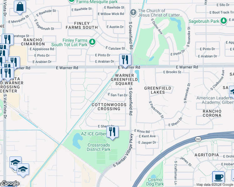 map of restaurants, bars, coffee shops, grocery stores, and more near 2357 East Ranch Road in Gilbert
