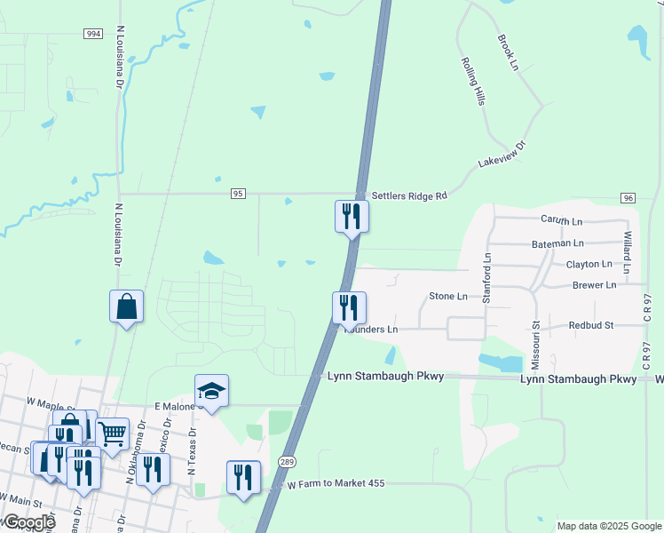 map of restaurants, bars, coffee shops, grocery stores, and more near 944 Preston Road in Celina