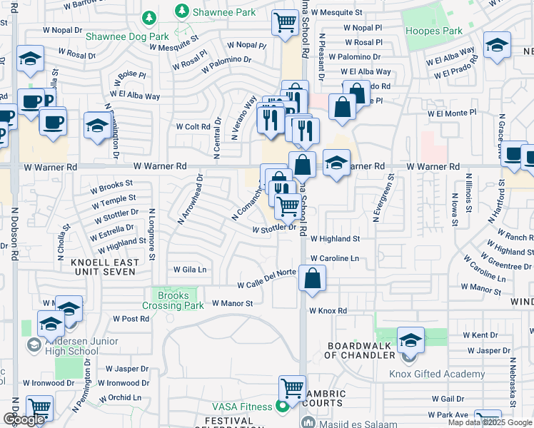 map of restaurants, bars, coffee shops, grocery stores, and more near 1813 North Apache Drive in Chandler