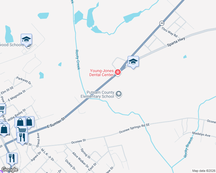 map of restaurants, bars, coffee shops, grocery stores, and more near 120 Sparta Highway in Eatonton