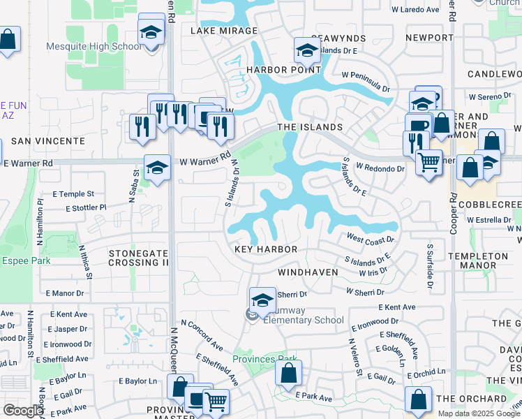 map of restaurants, bars, coffee shops, grocery stores, and more near 1307 West Shellfish Drive in Gilbert
