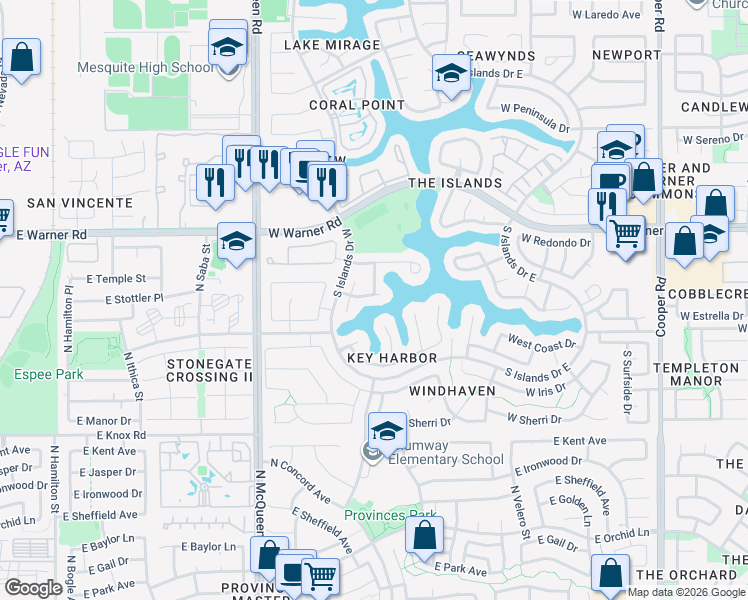 map of restaurants, bars, coffee shops, grocery stores, and more near 1307 West Shellfish Drive in Gilbert