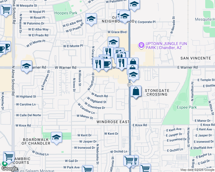 map of restaurants, bars, coffee shops, grocery stores, and more near 1961 North Hartford Street in Chandler