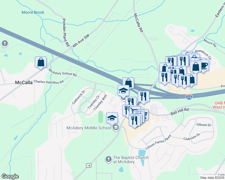 map of restaurants, bars, coffee shops, grocery stores, and more near 4926 McAdory School Road in McCalla