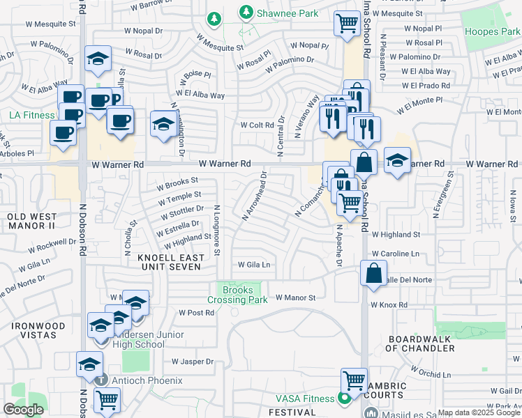 map of restaurants, bars, coffee shops, grocery stores, and more near 1327 West Stottler Drive in Chandler