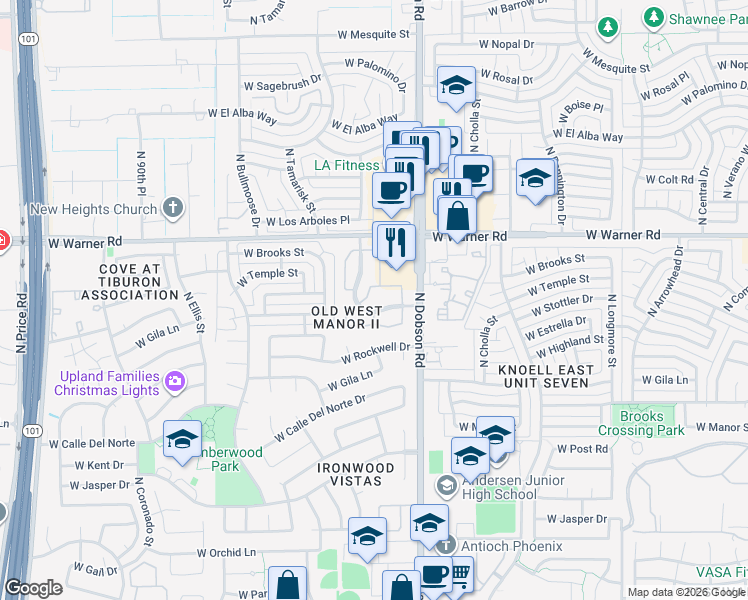 map of restaurants, bars, coffee shops, grocery stores, and more near 95 North Lemon Tree Lane in Chandler