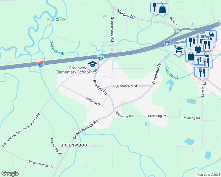 map of restaurants, bars, coffee shops, grocery stores, and more near 1120 School Rd SE in Bessemer