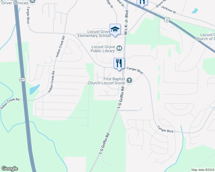 map of restaurants, bars, coffee shops, grocery stores, and more near 1026 Saint Augustine Parkway in Locust Grove