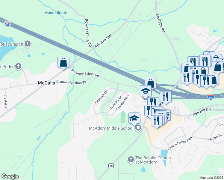 map of restaurants, bars, coffee shops, grocery stores, and more near 6016 Cathwick Drive in McCalla