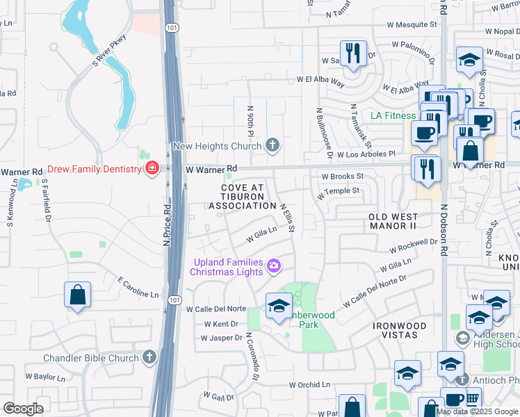 map of restaurants, bars, coffee shops, grocery stores, and more near 2675 West Estrella Drive in Chandler