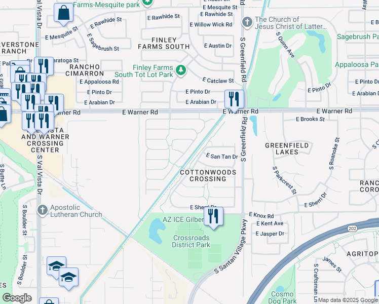 map of restaurants, bars, coffee shops, grocery stores, and more near 939 South Canal Drive in Gilbert