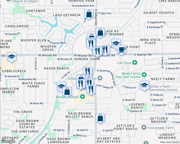 map of restaurants, bars, coffee shops, grocery stores, and more near 920 South Gilbert Road in Gilbert