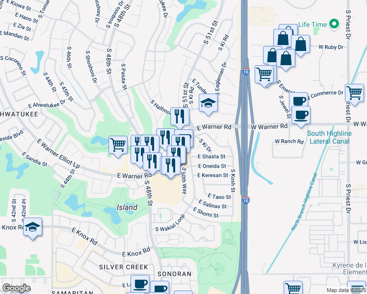 map of restaurants, bars, coffee shops, grocery stores, and more near 5002 East Bannock Street in Phoenix