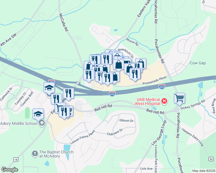 map of restaurants, bars, coffee shops, grocery stores, and more near 5000 Bond Blvd in Bessemer