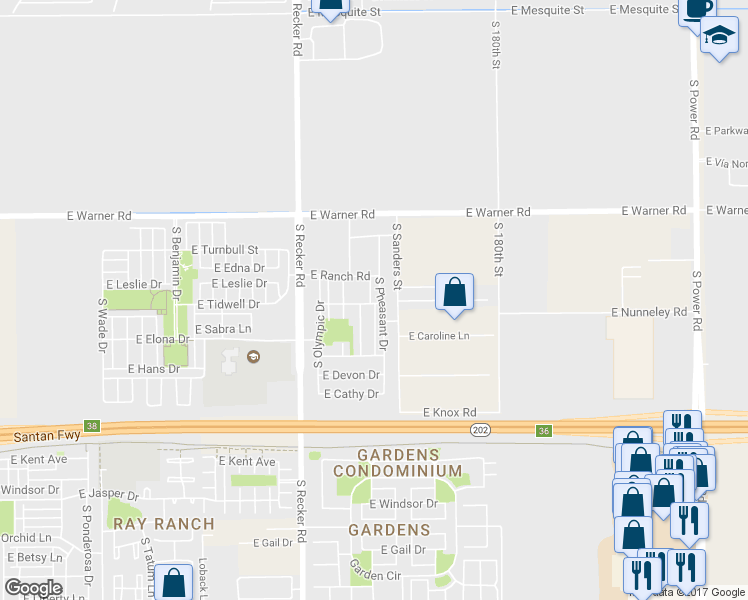 map of restaurants, bars, coffee shops, grocery stores, and more near 959 South Pheasant Drive in Gilbert
