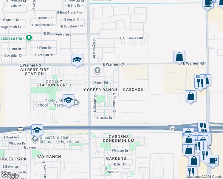 map of restaurants, bars, coffee shops, grocery stores, and more near 959 South Pheasant Drive in Gilbert