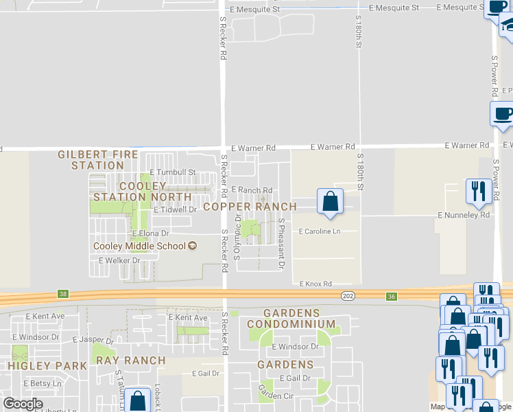 map of restaurants, bars, coffee shops, grocery stores, and more near 969 South Hawk Lane in Gilbert
