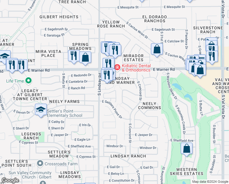 map of restaurants, bars, coffee shops, grocery stores, and more near 903 East Stottler Drive in Gilbert