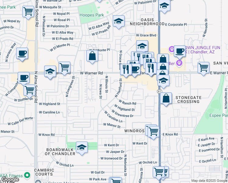 map of restaurants, bars, coffee shops, grocery stores, and more near 1970 North Hartford Street in Chandler